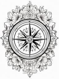 Compass with Flower Tattoo - Compass tattoo adorned with floral elements.  simple vector tattoo,minimalist,white background