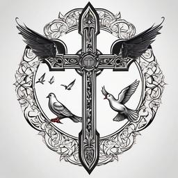 Cross and Dove Tattoo Designs-Elegant and symbolic tattoo designs featuring a combination of a cross and a dove, showcasing creative design elements.  simple color tattoo,white background