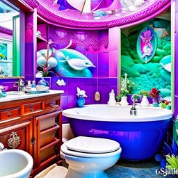 mermaid's bathroom with seashell sinks and underwater mural. 