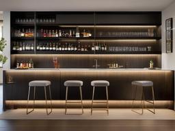 Bauhaus bar room features sleek bar stools, minimalist shelving, and clean lines, offering a streamlined and functional space for entertaining.  