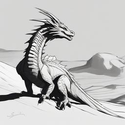 drawing of a desert dragon  minimal rough sketch scribbles,doodles,black and white