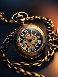 Pocket Watch - A classic pocket watch with an intricate chain hyperrealistic, intricately detailed, color depth,splash art, concept art, mid shot, sharp focus, dramatic, 2/3 face angle, side light, colorful background