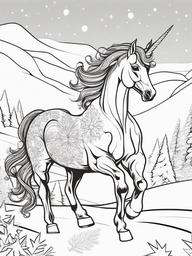 Unicorn in a Snowy Landscape Coloring Pages - Winter Unicorn Amidst Snowflakes  minimal black outline printable sheet, coloring page