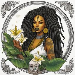 Oshun with dreadlocks holding peace lily and mirror   ,tattoo design, white background