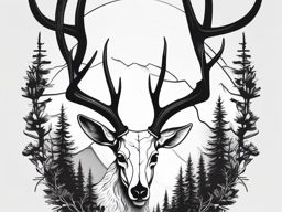 Minimalist antlers frame a deer skull, a subtle wilderness tribute.  black and white tattoo style