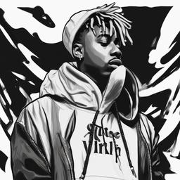 drawing of Juice Wrld wearing a hoodie  minimal rough sketch scribbles,doodles,black and white