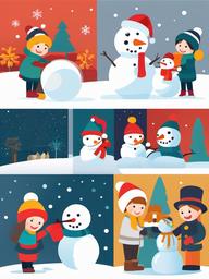 December clipart - kids building a snowman outside  color,minimalist,vector clipart