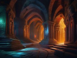 Mysterious labyrinth of tunnels and catacombs, deep beneath the city, holds the secrets of a forgotten civilization, waiting to be rediscovered. hyperrealistic, intricately detailed, color depth,splash art, concept art, mid shot, sharp focus, dramatic, 2/3 face angle, side light, colorful background