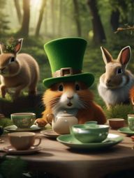 Mischievous leprechaun causes chaos during a tea party with talking animals in a magical forest.  8k, hyper realistic, cinematic