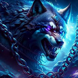 fenrir, the monstrous wolf, breaking free from mystical chains in a mythic battleground. 