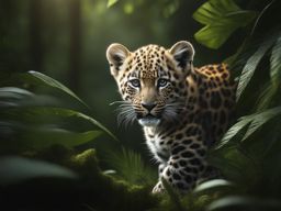 leopard cub stalking through the dense rainforest undergrowth 8k ultrarealistic cinematic 