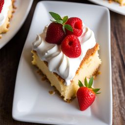 tres leches cake soaked in three types of milk and topped with whipped cream. 