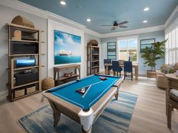 Coastal gamer room features light blue accents, nautical decor, and natural light, bringing a relaxed beach vibe to the gaming experience.  