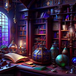 wizard's study filled with ancient scrolls and illuminated manuscripts. 
