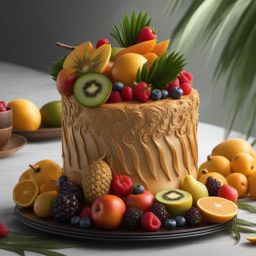 Unique tropical cake design with fruits intricate artwork masterpiece, ominous, matte painting movie poster, golden ratio, trending on cgsociety, intricate, epic highly detailed, vibrant, production cinematic character render, ultra high quality model