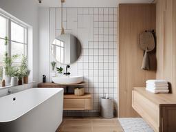 Scandinavian small bathroom blends light wood accents, white tiles, and functional decor, offering a warm and inviting atmosphere despite its size.  