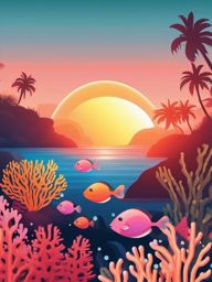 Sunset over Coral Reef Emoji Sticker - Coral paradise beneath a tropical sunset, , sticker vector art, minimalist design