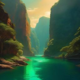 Glistening emerald waters of a secluded lagoon, hidden away amidst towering cliffs, invite weary travelers to find solace in its cool embrace. hyperrealistic, intricately detailed, color depth,splash art, concept art, mid shot, sharp focus, dramatic, 2/3 face angle, side light, colorful background