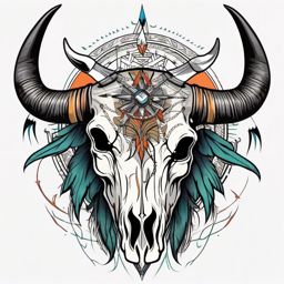 Bull skull and arrows ink. Precision and direction in the untamed.  color tattoo design, white background