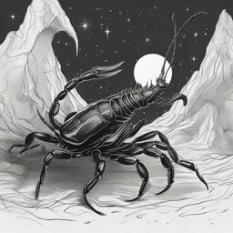 drawing of a scorpion in a mystical scene  minimal rough sketch scribbles,doodles,black and white