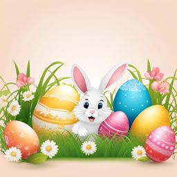 easter clip art: charming easter scene with colorful eggs and a bunny. 