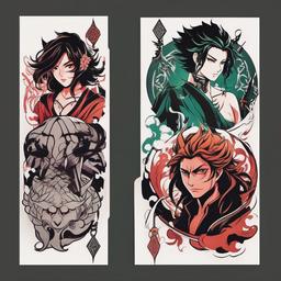 Matching Demon Slayer Tattoos-Creative and matching tattoos inspired by the Demon Slayer series, perfect for fans of anime and fantasy.  simple color vector tattoo