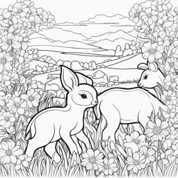 spring coloring pages - baby animals frolic in a field of blooming spring flowers. 