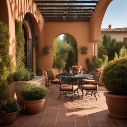 Mediterranean Patio Escape - Mediterranean patio escape with terra cotta tiles and wrought-iron furniture. realistic, professional photography, bokeh, natural lighting, canon lens, shot on dslr 64 megapixels sharp focus