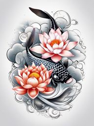 Koi Fish and Lotus Tattoo,a harmonious tattoo combining koi fish and lotus flowers, symbolizing transformation and beauty. , tattoo design, white clean background