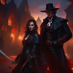 Vampire forms unlikely alliance with vampire hunter to combat common enemy. hyperrealistic, intricately detailed, color depth,splash art, concept art, mid shot, sharp focus, dramatic, 2/3 face angle, side light, colorful background