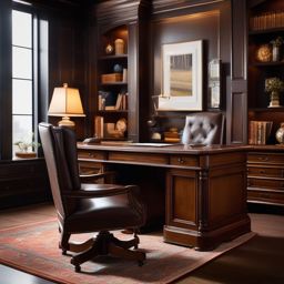 Traditional Home Office - Traditional home office with rich wood furnishings and classic details. realistic, professional photography, bokeh, natural lighting, canon lens, shot on dslr 64 megapixels sharp focus