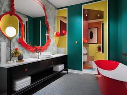 In the guest bathroom, surrealist interior design features unusual fixtures, playful accents, and vibrant colors that create a welcoming atmosphere for visitors.  