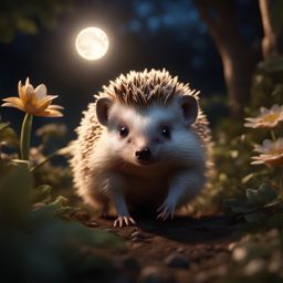 hedgehog baby exploring a secret garden under the moonlight 8k ultrarealistic cinematic 