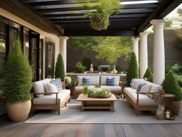 The outdoor patio embraces traditional interior design with comfortable furniture, classic planters, and lush greenery that create a charming space for relaxation and gatherings.  