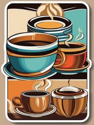 Coffee Cup with Steam Sticker - Steaming coffee cup on a saucer, ,vector color sticker art,minimal