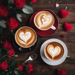 Valentines Day background - Two cups of coffee with heart-shaped latte art on a cozy table  