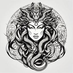 Medusa Dragon Tattoo - Combine the mythical charm of Medusa with the symbolism of dragons in a powerful and imaginative tattoo design.  simple vector color tattoo,minimal,white background