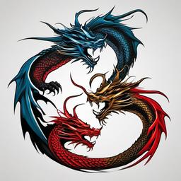 Double Dragon Tattoo - Tattoo featuring two dragons for a dynamic effect.  simple color tattoo,minimalist,white background