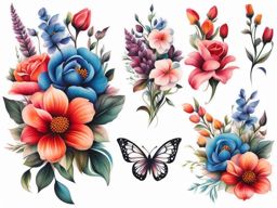 Bouquet flower tattoo, Elegant tattoos that showcase a bouquet of flowers.  vivid colors, white background, tattoo design