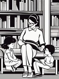 Reading clipart - librarian reading to a group of kids  color,minimalist,vector clipart