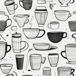 drawing of everyday things like a coffee cup  minimal rough sketch scribbles,doodles,black and white