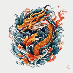 Dragon and Koi Tattoo - A tattoo combining dragon and koi fish elements in the design.  simple color tattoo,minimalist,white background