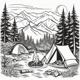 Camping scene with a tent and campfire  simple coloring pages