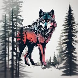 wolf tattoo with forest  simple color tattoo,white background