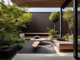 In the garden, Japandi interior design highlights natural landscaping, simple paths, and tranquil seating areas that create a serene outdoor retreat for relaxation and enjoyment.  