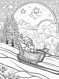 Santa and Sleigh with Stars Coloring Pages - Flying Through a Starry Night  minimal black outline printable sheet, coloring page