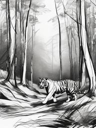 drawing of a tiger in a forest  minimal rough sketch scribbles,doodles,black and white