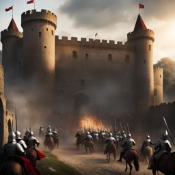 medieval castle under siege, with knights defending its walls against attackers. 