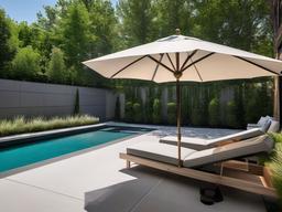 The pool area embraces urban modern interior design with stylish loungers, contemporary decor, and lush landscaping that create a chic space for summer enjoyment.  