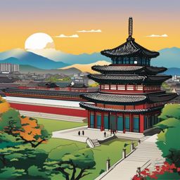 Seoul clipart - Gyeongbokgung Palace and Seoul skyline,  color vector clipart